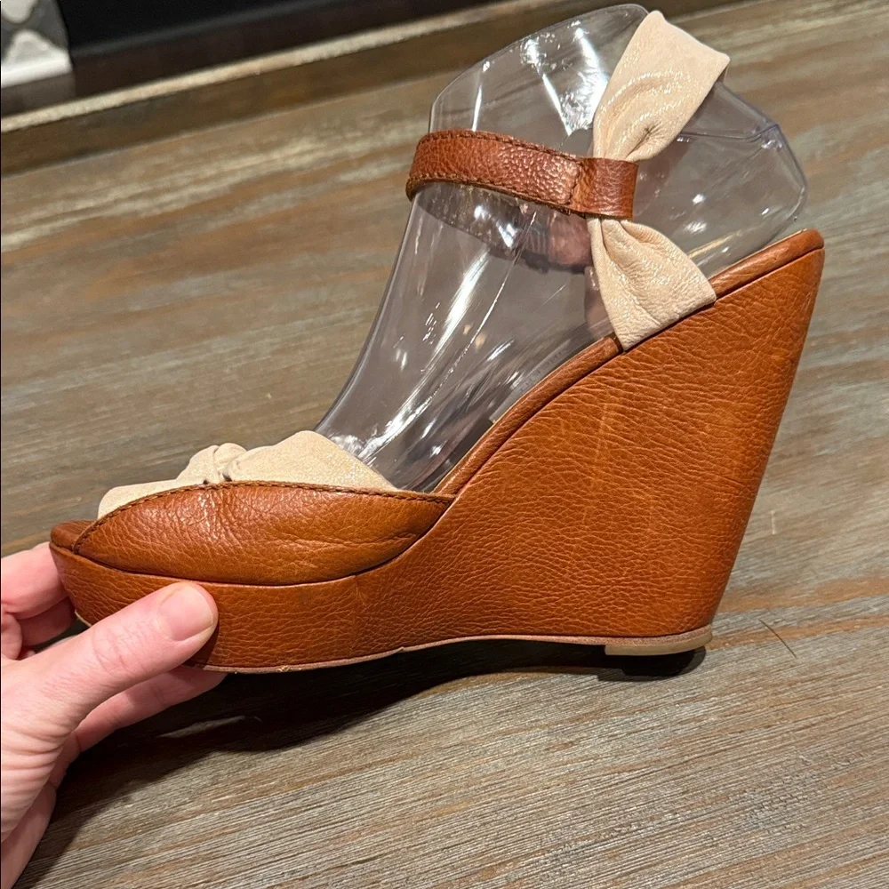 Cynthia Vincent Leather Wedge Sandals Size 6 Brown Knot Peep‎ Toe Boho Chic
